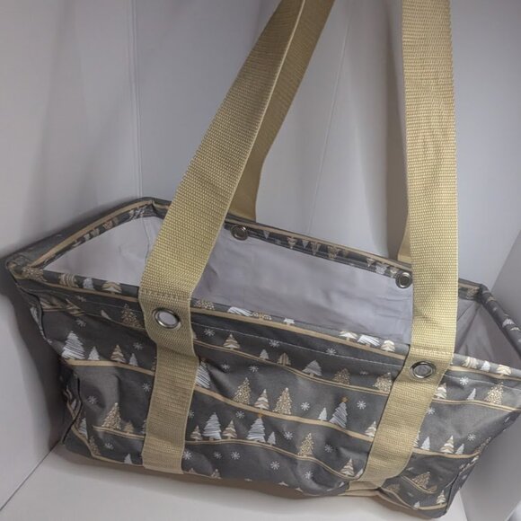 Thirty One Medium Utility Tote in Snowy Slopes Pattern Gray Tan Christmas Trees - Picture 1 of 11